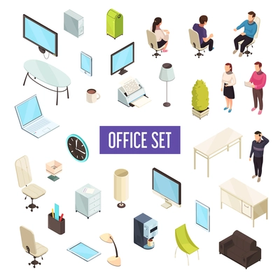 Office workplace personnel furniture computers tablets printer coffeemaker drawers clock lamps isometric icons collection isolated vector illustration