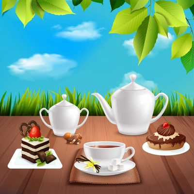 Tea crockery with chocolate desserts on wooden table realistic composition on nature background vector illustration