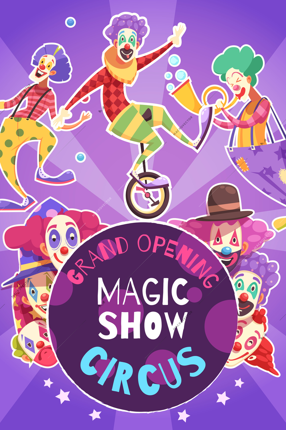 Circus grand opening magic how performance announcement poster with funny clowns on bright purple background vector illustration