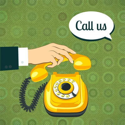 Male hand in suit holds classic old yellow telephone retro poster vector illustration