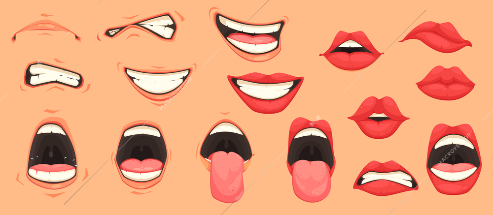 Cartoon cute mouth expressions facial gestures set with pouting lips smiling sticking out tongue isolated vector illustration