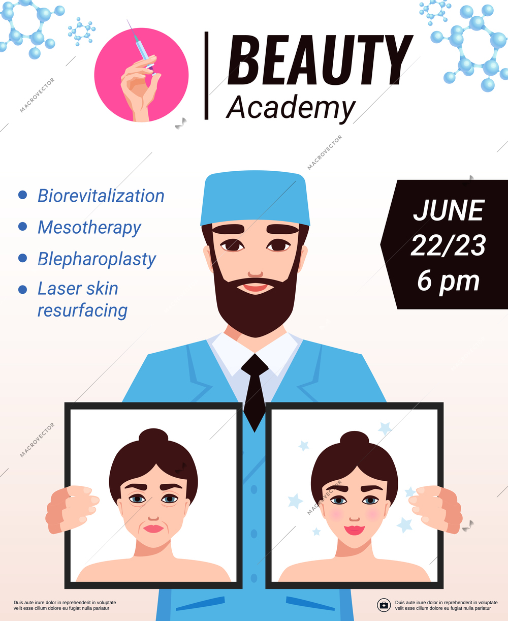 Beauty academy facial rejuvenation  workshop announcement poster with cosmetologist presenting skin care treatment results advertising vector illustration