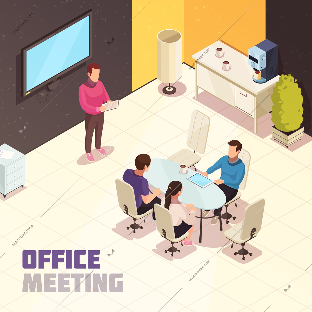 Office meeting isometric composition poster with presentation at wall mounted computer monitor and project discussion vector illustration
