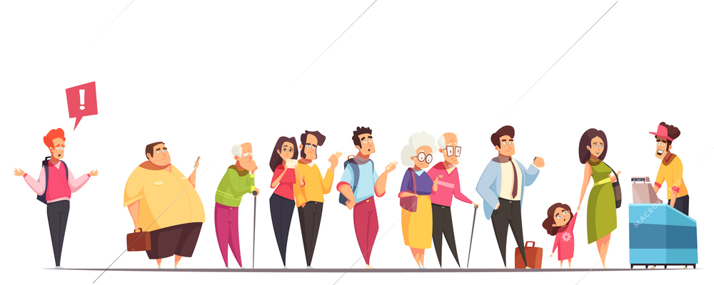 People waiting in long queue at counter with fat man hipster old young couples kid  vector illustration