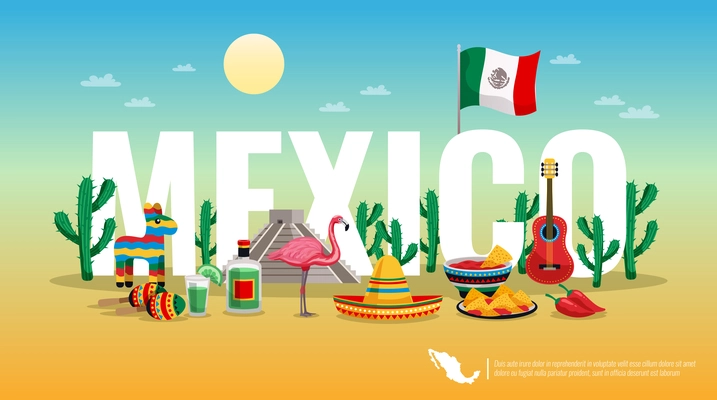 Mexico colorful horizontal composition banner header title with national flag cultural traditional symbols big lettering vector illustration