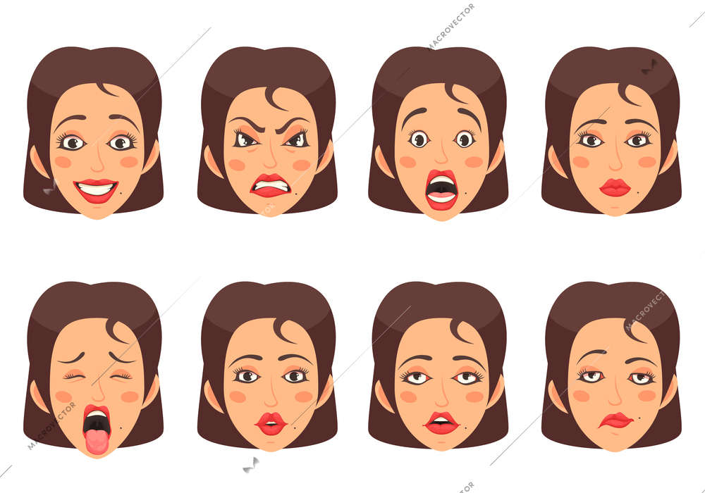 Women facial gestures happiness surprise disgust sadness emotions 8 cute mouth cartoon icons set isolated vector illustration