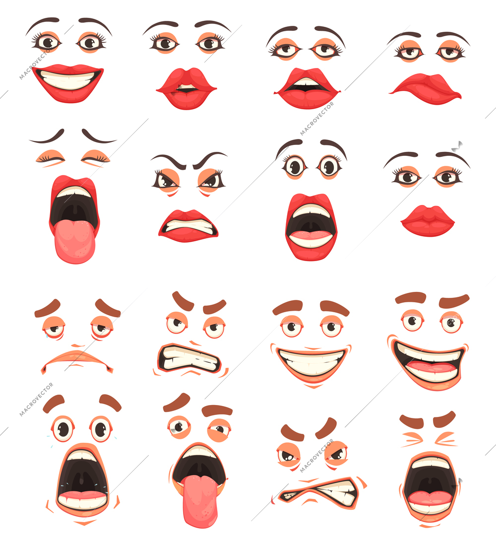 Men women cute mouth lips eyes facial expressions gestures grotesque comic  emotions cartoon big set vector illustration