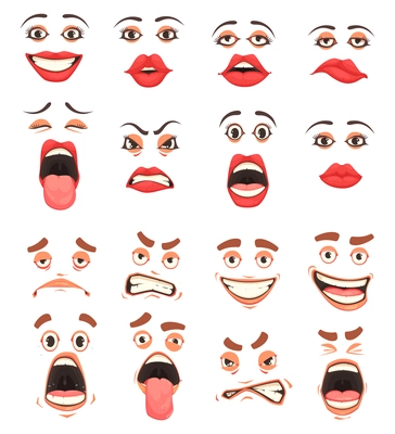 Men women cute mouth lips eyes facial expressions gestures grotesque comic  emotions cartoon big set vector illustration