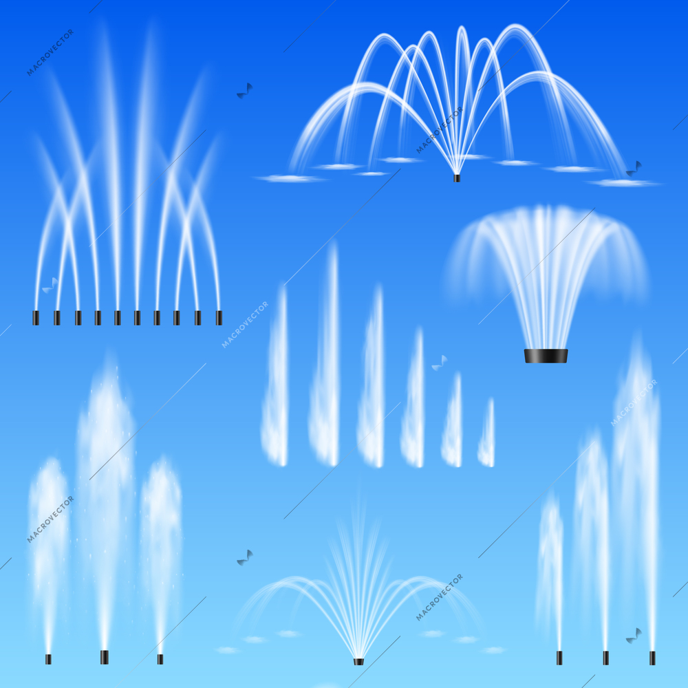 Decorative outdoor water jets fountains set of 7 various shapes size range against blue background vector illustration
