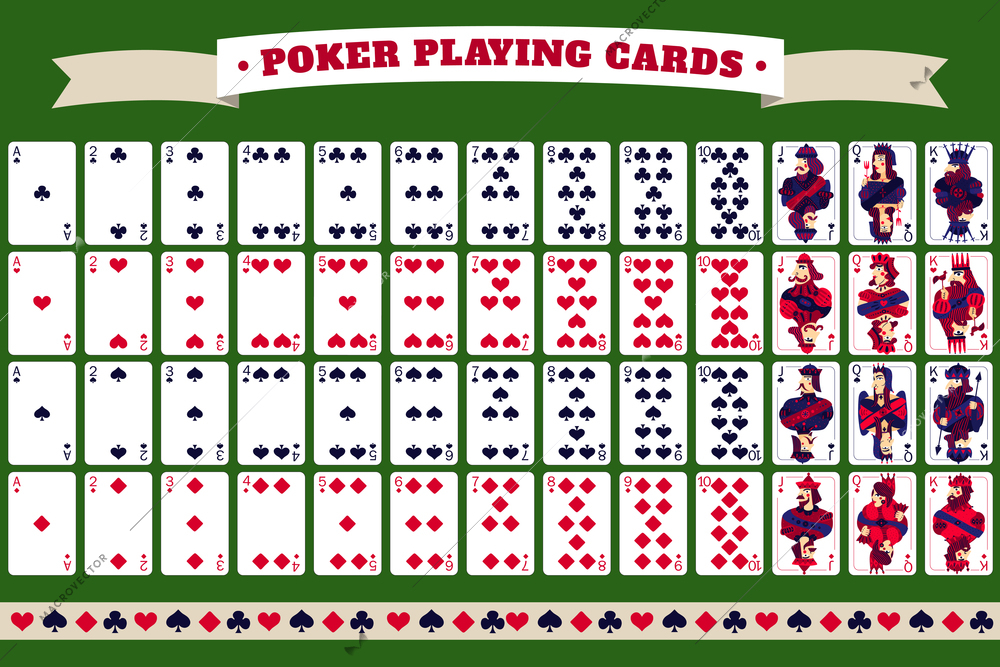 Full deck of poker playing cards with header tape and isolated cards on green background  vector illustration