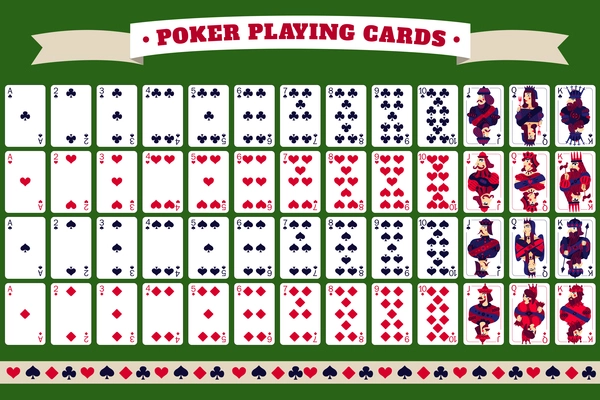 Full deck of poker playing cards with header tape and isolated cards on green background  vector illustration