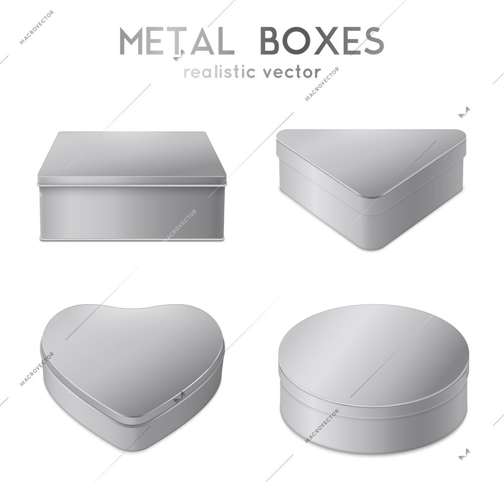 Heart triangle round and square shaped plain metal gift boxes realistic set of 4 isolated vector illustration