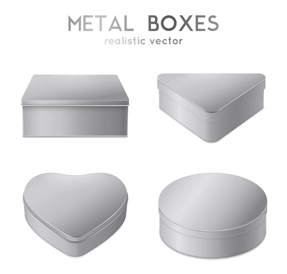 Heart triangle round and square shaped plain metal gift boxes realistic set of 4 isolated vector illustration