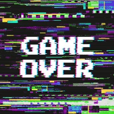 Game over text on video game screen with glitch effect on colored distorted background vector illustration