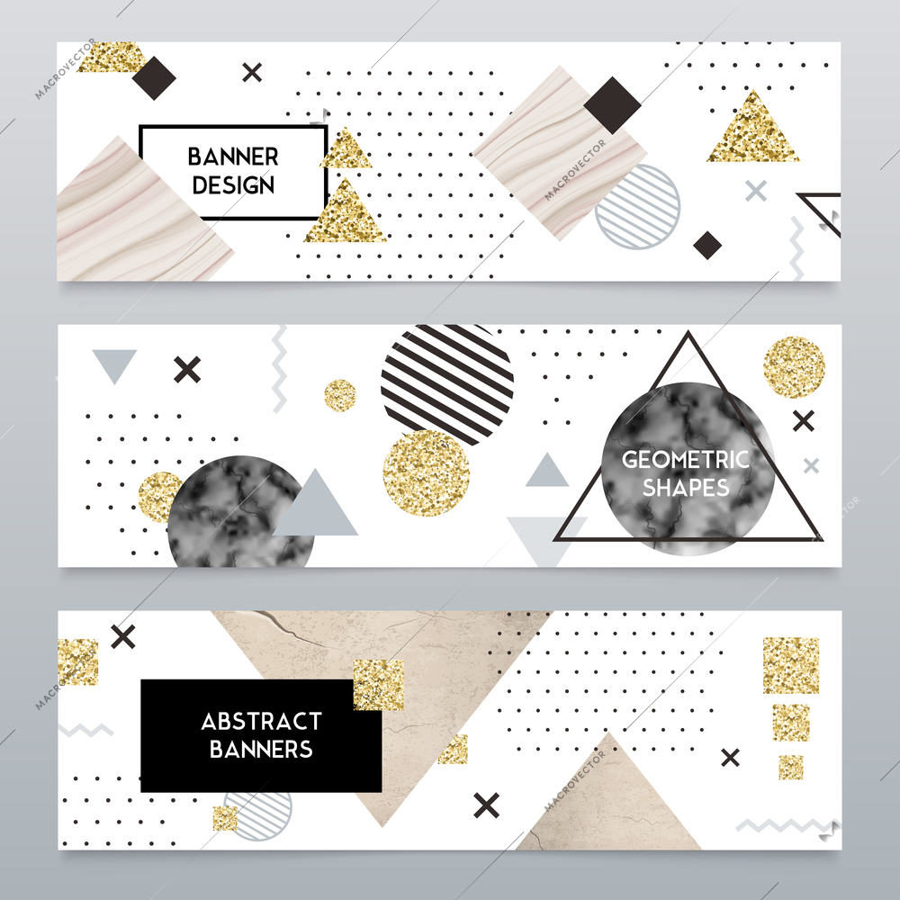 Realistic stone texture in modern interior design 3 horizontal abstract banners with geometric elements isolated vector illustration