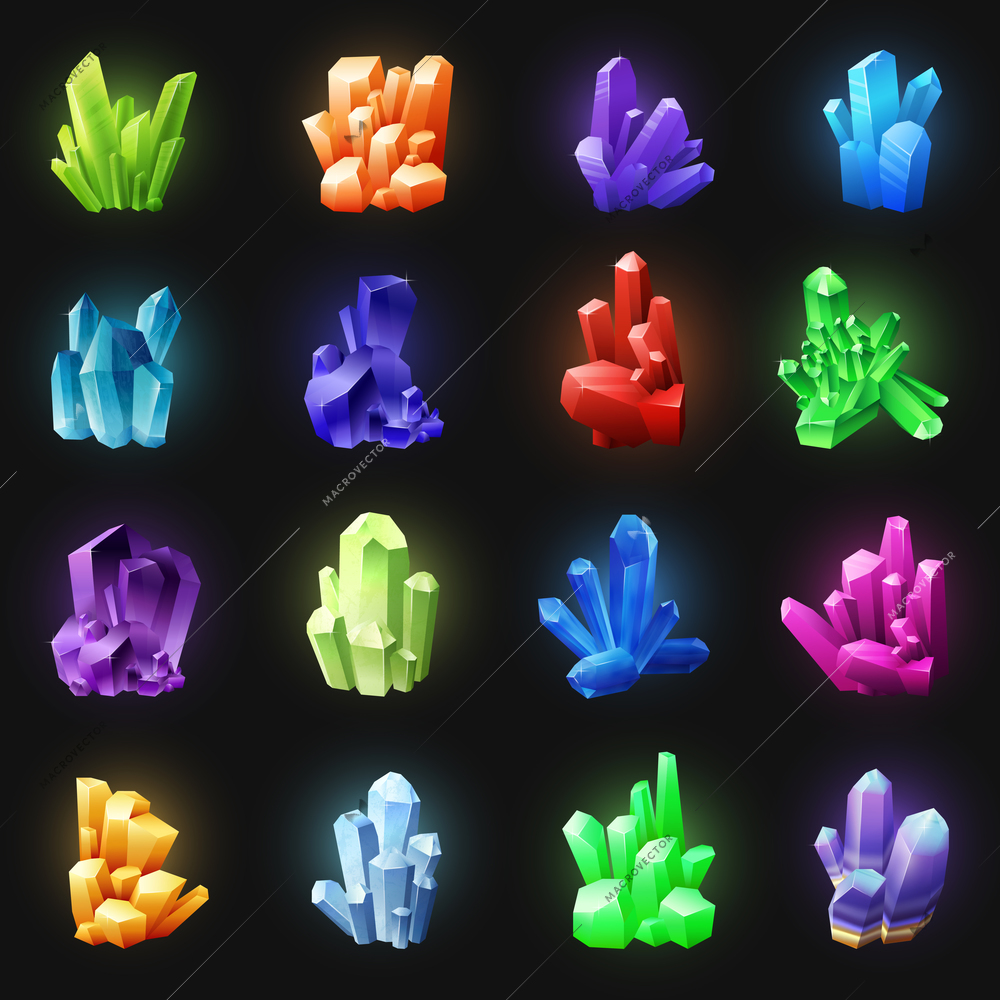 Realistic colorful crystals set of different shapes on black background isolated vector illustration