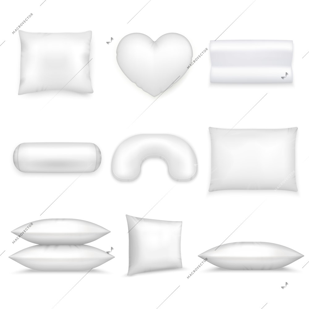 White isolated pillows realistic icon set different shapes and sizes on white background vector illustration