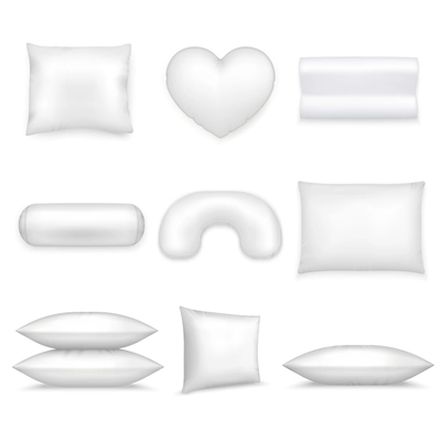 White isolated pillows realistic icon set different shapes and sizes on white background vector illustration