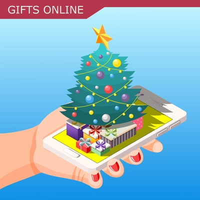 Christmas gifts online isometric composition on blue background with presents, year tree, female hand, smartphone vector illustration