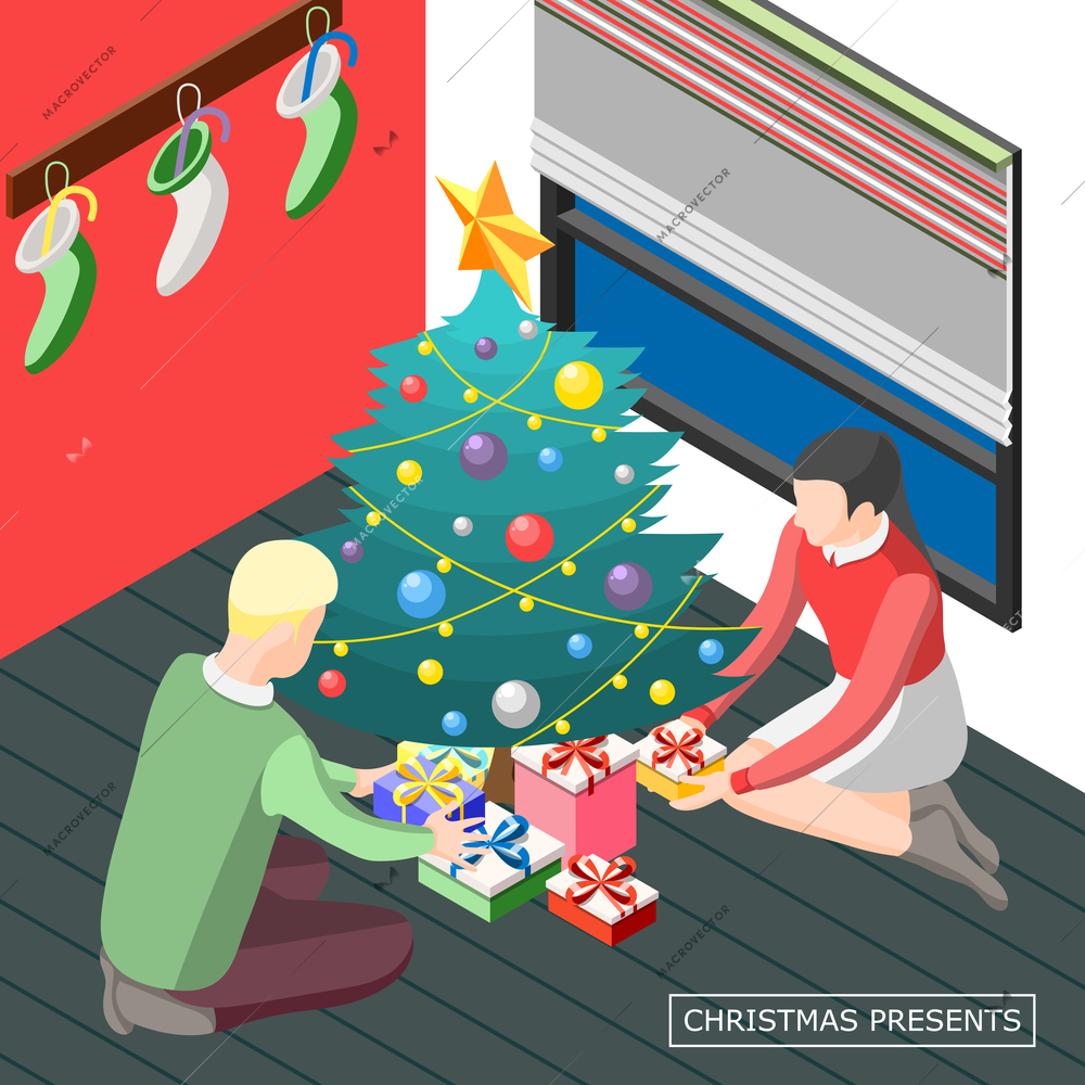 People sitting on floor near year tree with christmas presents in decorated room isometric background vector illustration