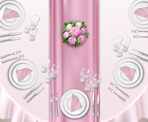 Wedding table set up realistic background with top view of oval table decorated by roses  vector illustration