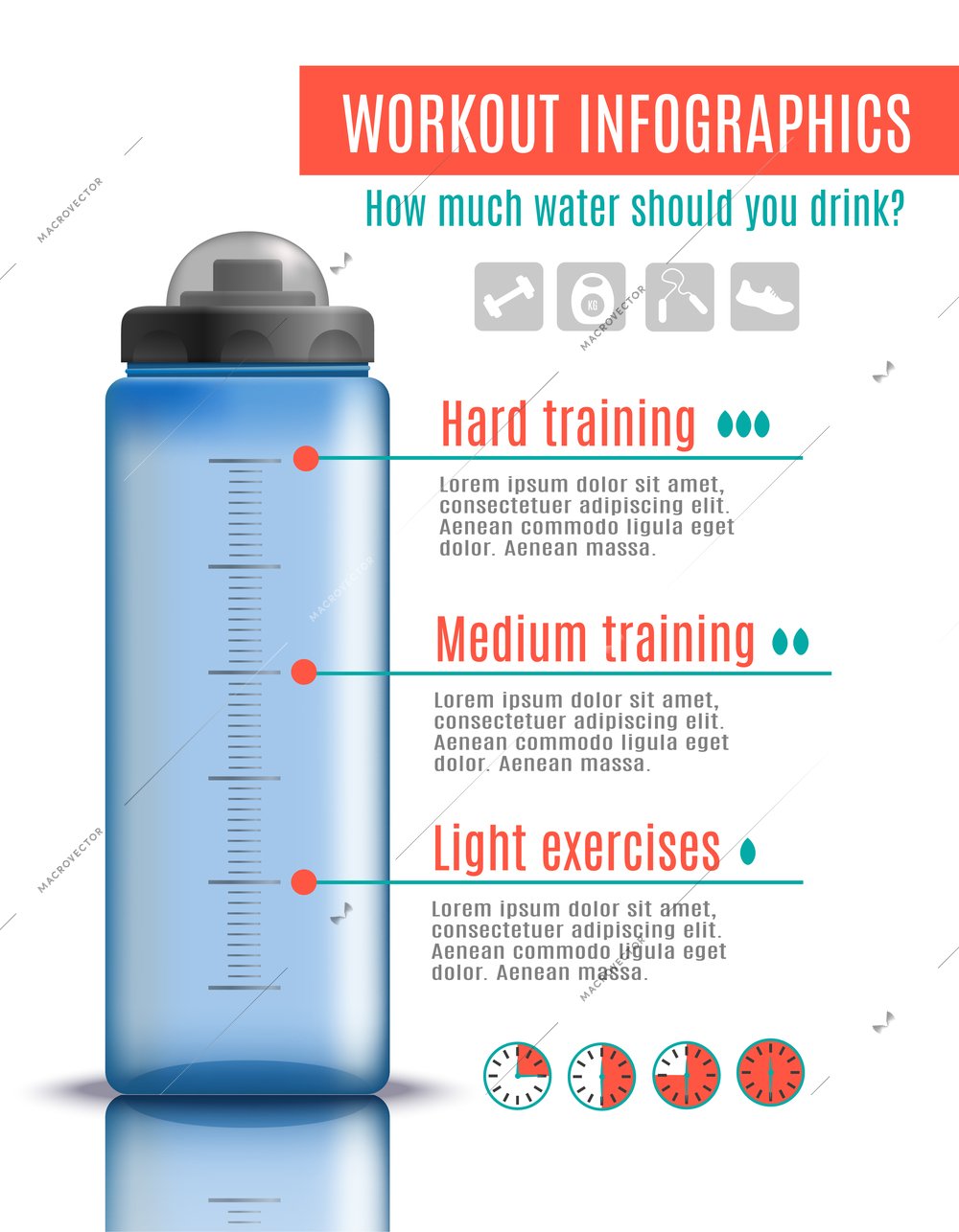 Fitness bottle realistic infographics with image of plastic bottle with editable text captions and square pictograms vector illustration