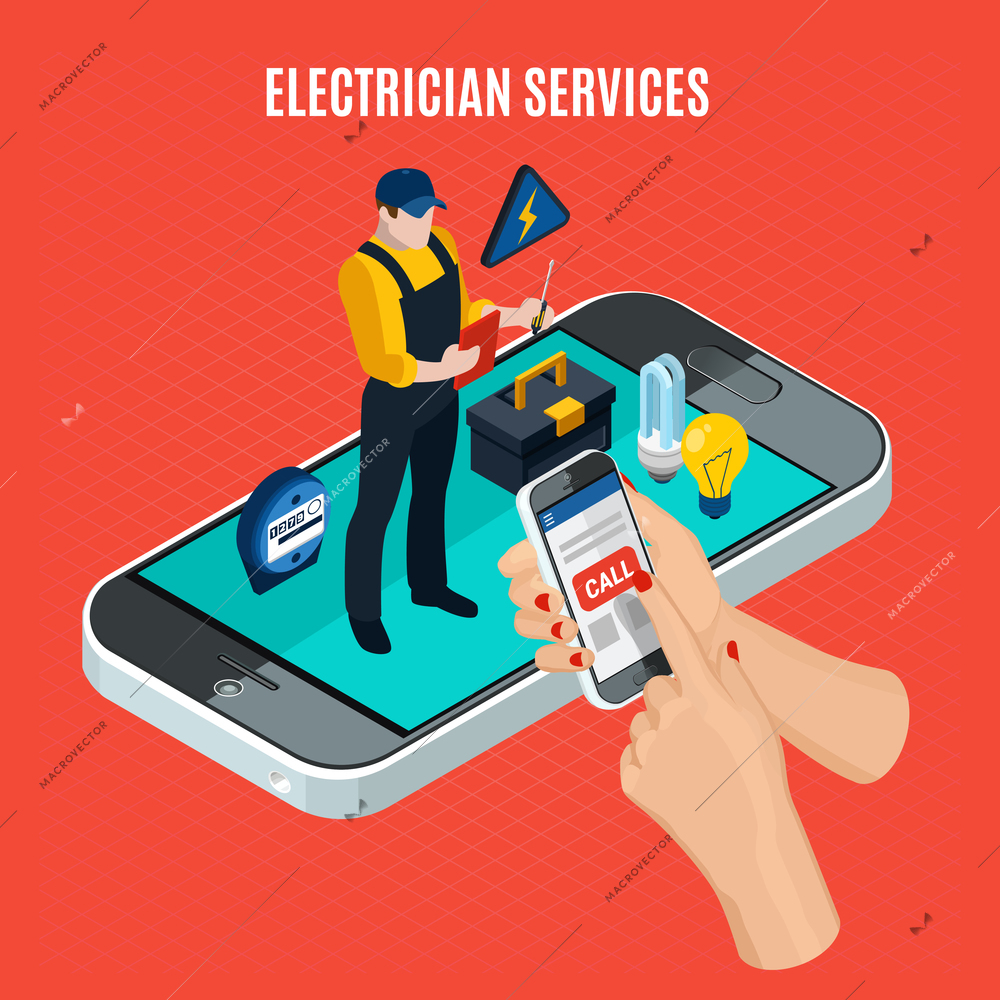 Electricity isometric red composition with electrician services description and call a professional electrician via smartphone vector illustration