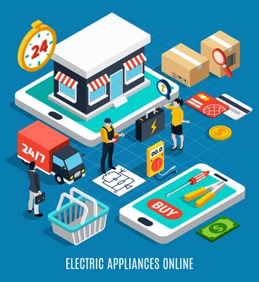 Electricity isometric colored 3d composition with electric appliances online headline 3d style vector illustration