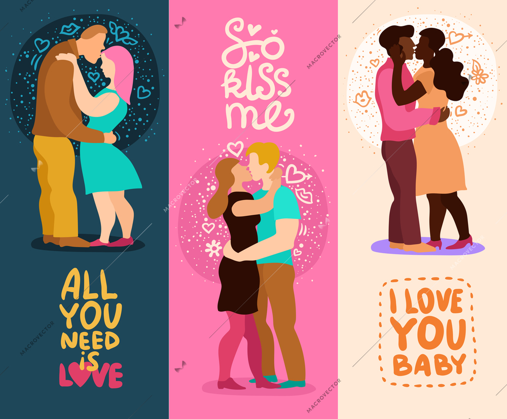 Love hugs set of vertical banners with phrases about affection, couple during kiss isolated vector illustration