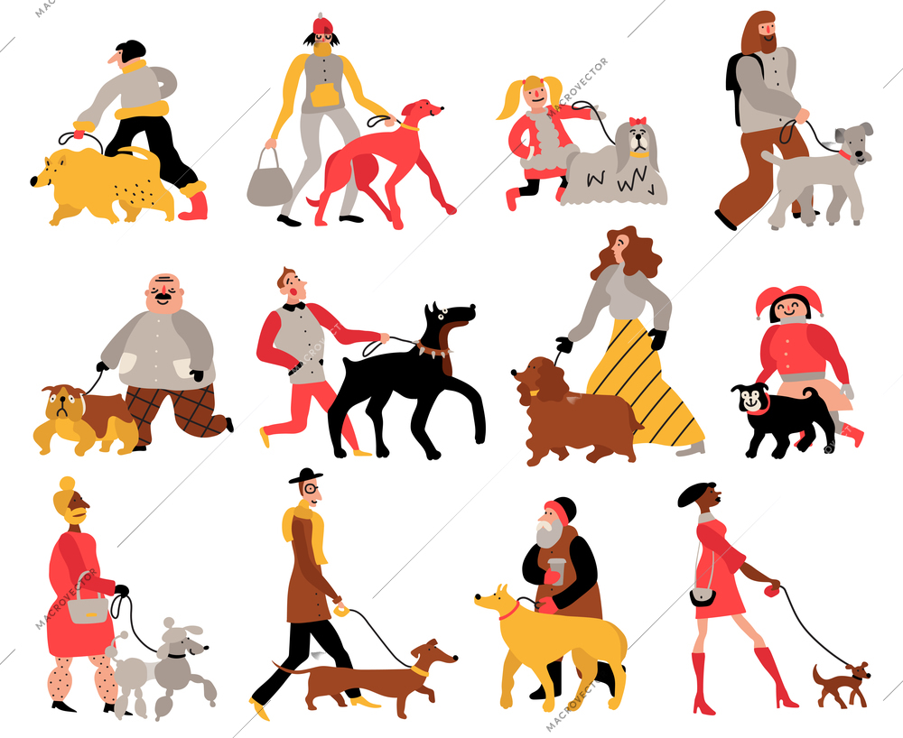 Set of people with dogs of various breeds including retriever, doberman, poodle isolated hand drawn vector illustration