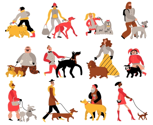 Set of people with dogs of various breeds including retriever, doberman, poodle isolated hand drawn vector illustration