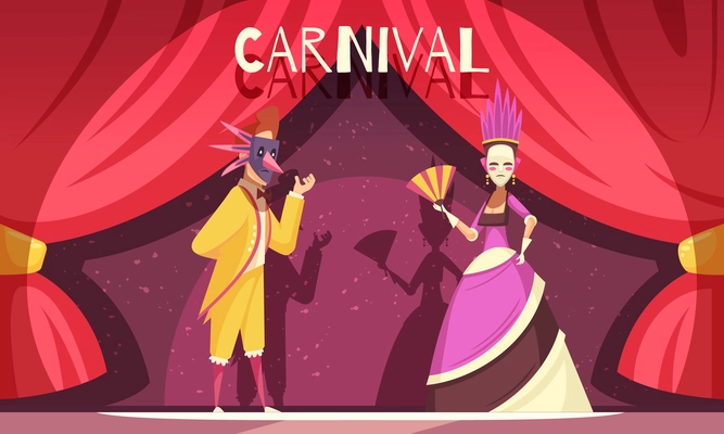 Cartoon background with two people wearing costumes and masks at carnival vector illustration