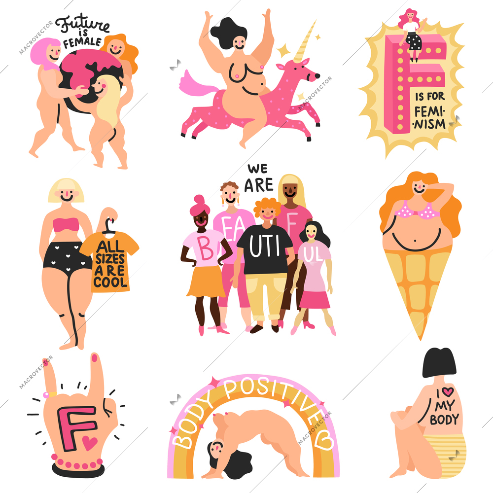 Feminism hand drawn positive set with diversity of female figures, naked body, gestures, phrases, isolated vector illustration