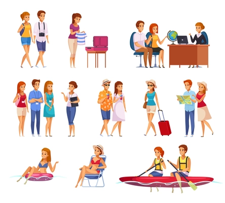 Travel agency cartoon set with people preparing for trip and on summer water active recreation isolated vector illustration