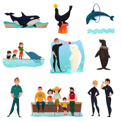 Dolphinarium icons set with dolphins performing for public orca whale and seal show entertainment isolated vector illustration