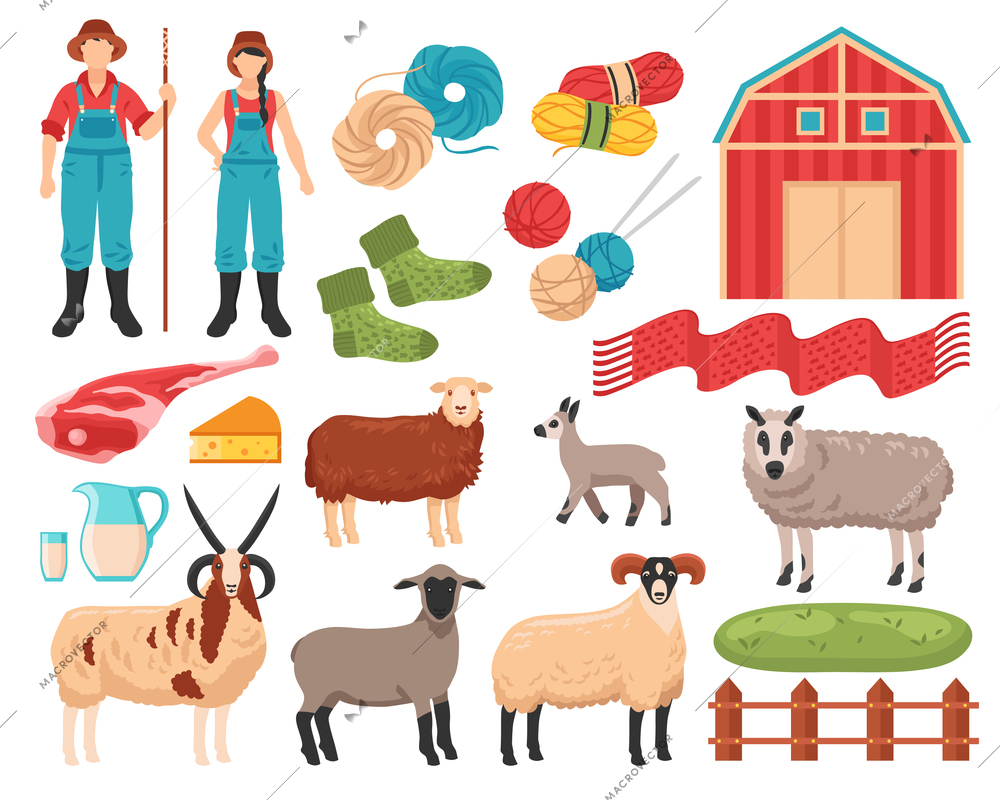 Sheep breeding products flat icons collection with farmers ewes ram wool meat milk cheese isolated vector illustration