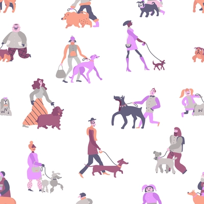 Dog owners with pets including poodle, terrier, greyhound and dachshund  seamless pattern on white background vector illustration