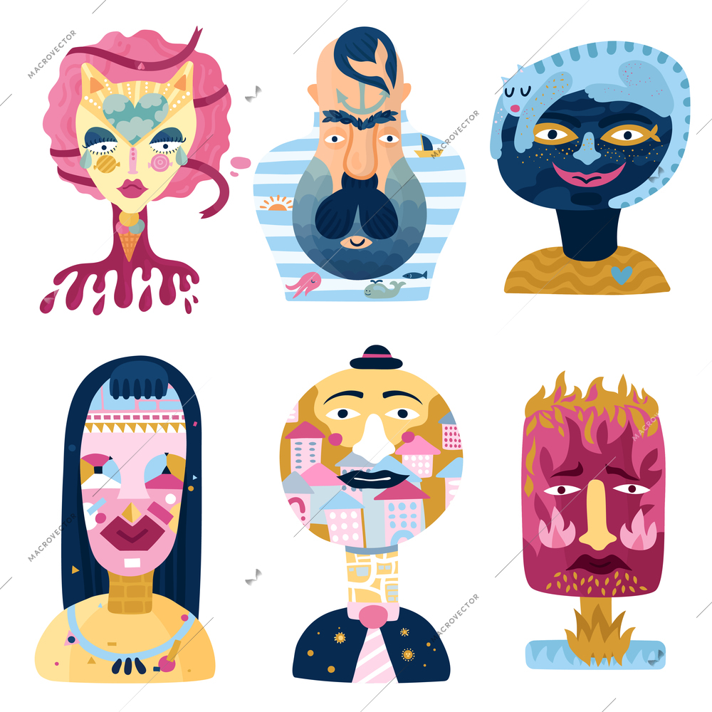 Human inner world set of psychological imaginary portraits including sweet woman, sailor, city person isolated vector illustration