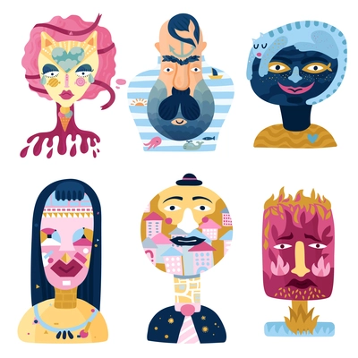 Human inner world set of psychological imaginary portraits including sweet woman, sailor, city person isolated vector illustration