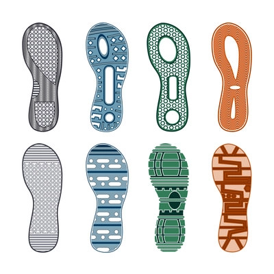 Sport shoes footprints colored set of different patterns on white background isolated vector illustration