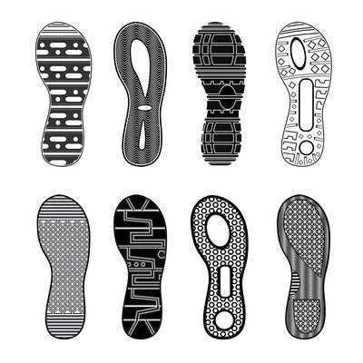 Monochrome collection of various highly detailed black sport shoes footprints on white background isolated vector illustration