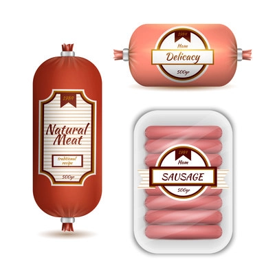Colored realistic set of package identity meet products sausages and delicacy on white background isolated vector illustration