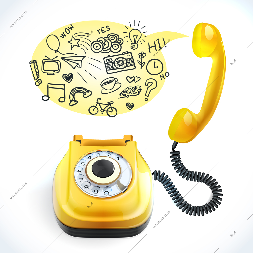 Retro style yellow color telephone with chat bubble doodles vector illustration