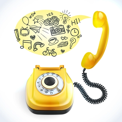 Retro style yellow color telephone with chat bubble doodles vector illustration