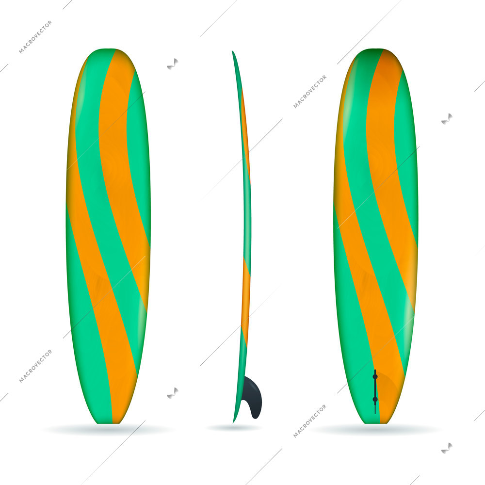 Three realistic projections of longboard made in green and orange colors isolated vector illustration