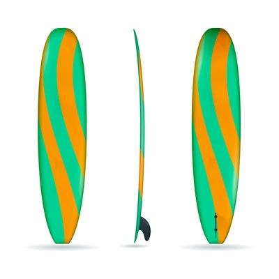 Three realistic projections of longboard made in green and orange colors isolated vector illustration
