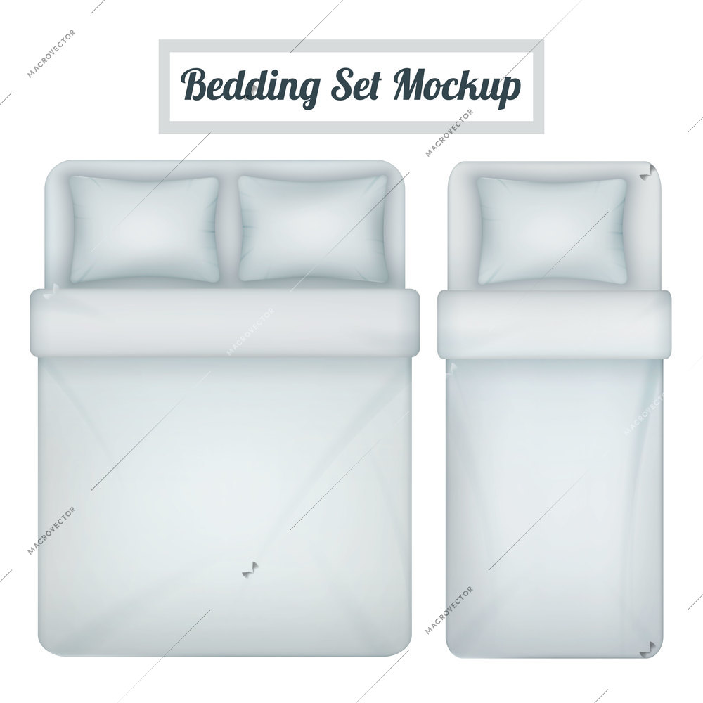 Top view mockup of white blank bedding set  for single and double bed realistic isolated vector illustration