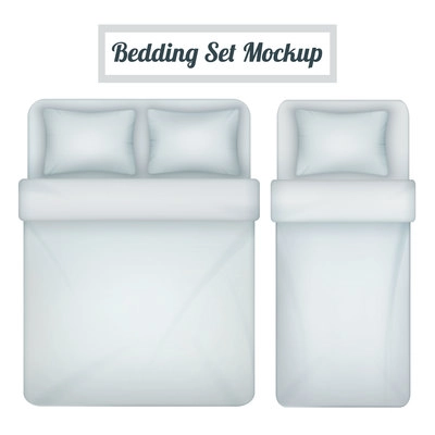 Top view mockup of white blank bedding set  for single and double bed realistic isolated vector illustration