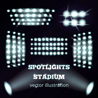 Stadium spotlights realistic set of white cold soffits and floodlights on black background  isolated vector illustration