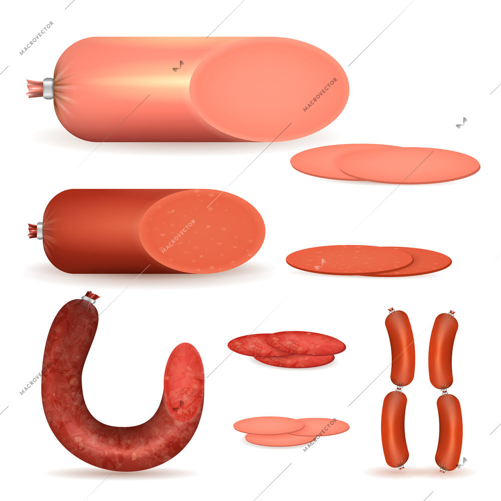 Colored realistic set of boiled and smoked sausages and wieners on white background isolated vector illustration